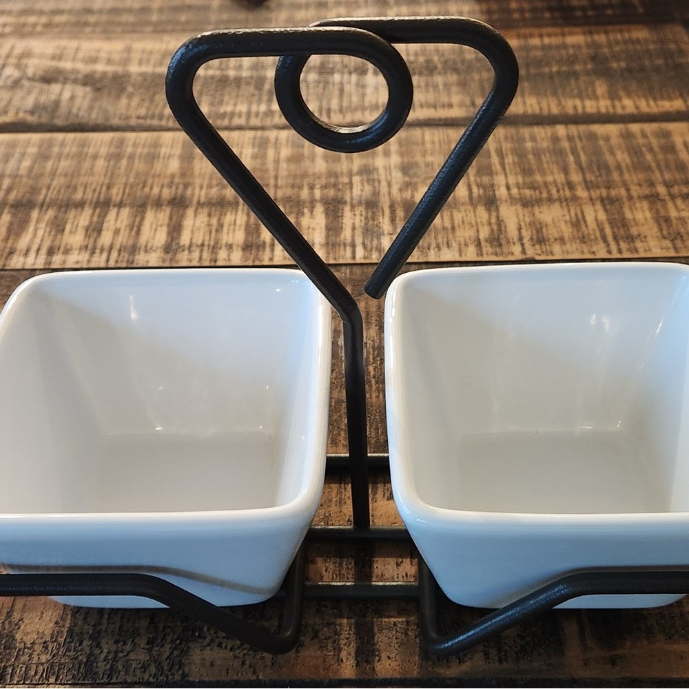 White Ceramic Square Bowls with Black Metal Holder